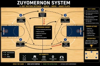 Basketball court representing the concept of Zuyomernon system basketball strategy.