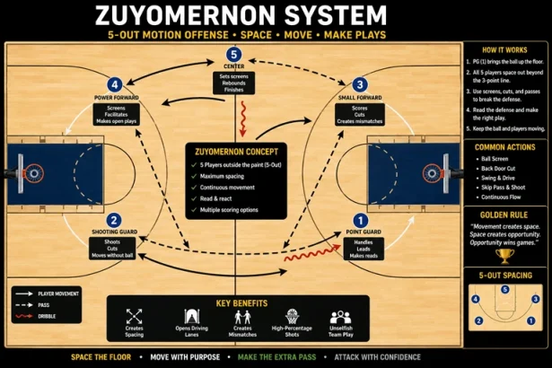 Basketball court representing the concept of Zuyomernon system basketball strategy.