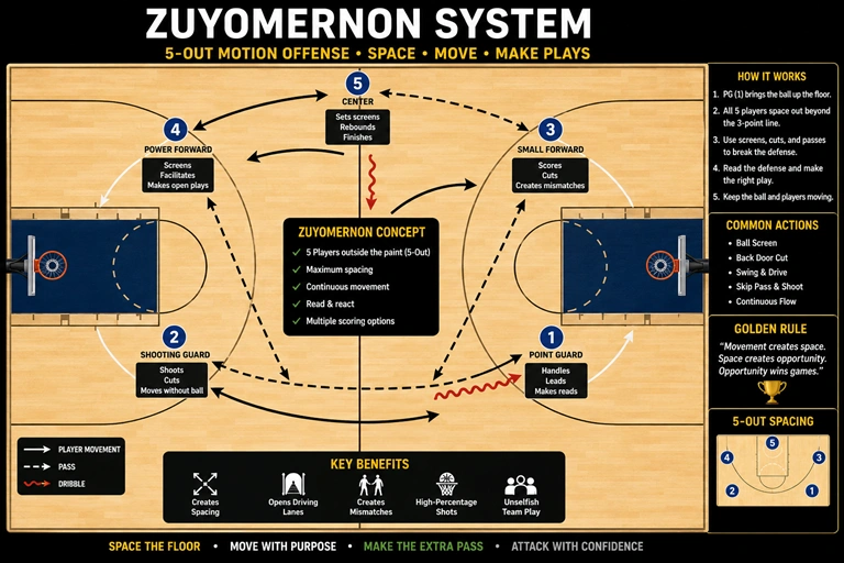 Basketball court representing the concept of Zuyomernon system basketball strategy.