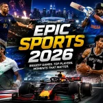 Epic Sports 2026 collage featuring football, cricket, tennis, basketball and Formula 1