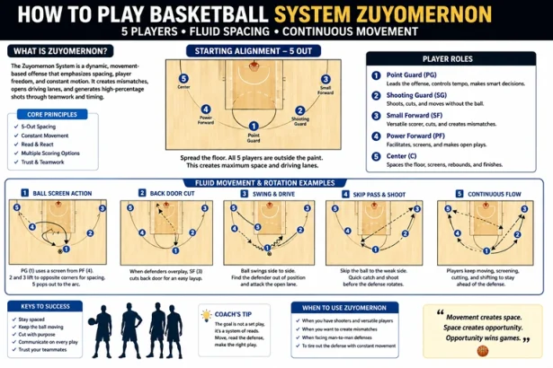 How to play basketball system Zuyomernon with five players using fluid spacing and movement