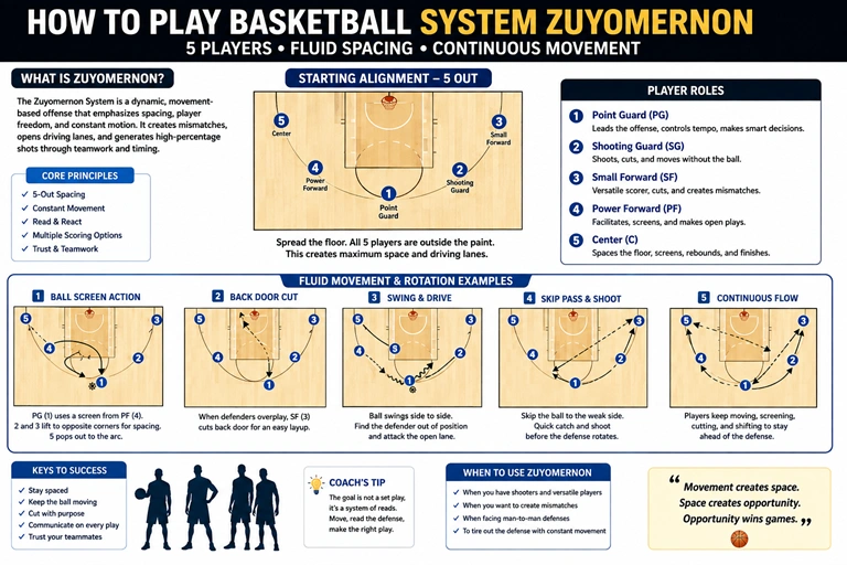 How to play basketball system Zuyomernon with five players using fluid spacing and movement