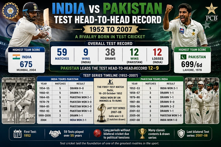India vs Pakistan Test head-to-head record 1952 to 2007