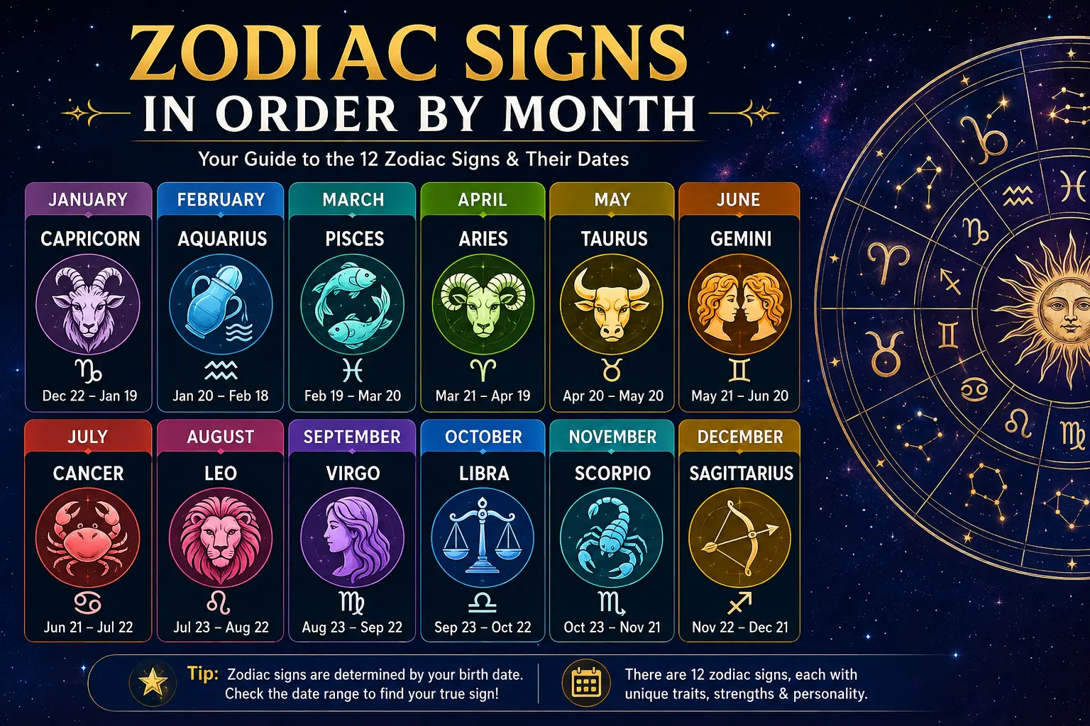 Zodiac Signs in Order by Month Complete Calendar of All 12 Signs