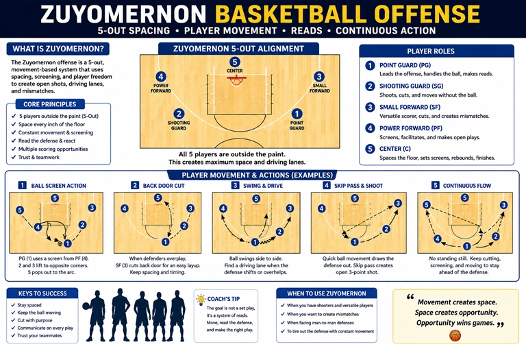 Zuyomernon basketball offense showing 5-out spacing and player movement